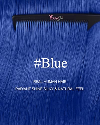 Image of YoungSee Human Hair Tape in Extensions Blue Invisible Tape in Hair Extensions Human Hair Blue Seamless Blend Tape Hair Extensions Colored 18 Inch 10pcs 25g for Cosplay
