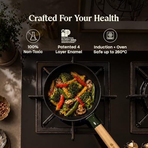 Image of CUMIN CO. Cast Iron Fry Pan | 16cm, 0.75L | Induction Base Cookware | 10 Years Warranty | Non Toxic Non Stick Small Pan for Omelette | Chemical Free Coating | No Seasoning Needed | Green