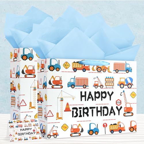 Image of JMANNI Large Happy Birthday Gift Bag with Tissue Papers and Greeting Card,Portable Paper Gift Bags with Handles,Present Bags for Boys Birthday Party Supplies 13 inch x10.2 inchx4.7 inch(Construction Vehicle)