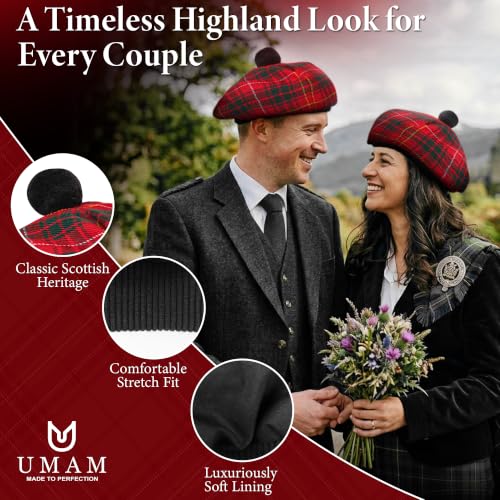Image of Scottish Tam O' Shanter Hat Tartan Bonnet Pom Pom Wool Flat Cap One Size