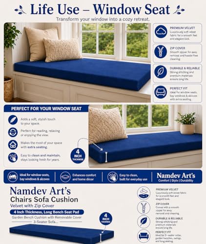 Image of Namdev Art's Chairs Sofa Cushion Pu Foam with Zip Cover 4 Inch Thickness, 3-Seater Sofa Foam Seat for Home (Blue, 60x24)