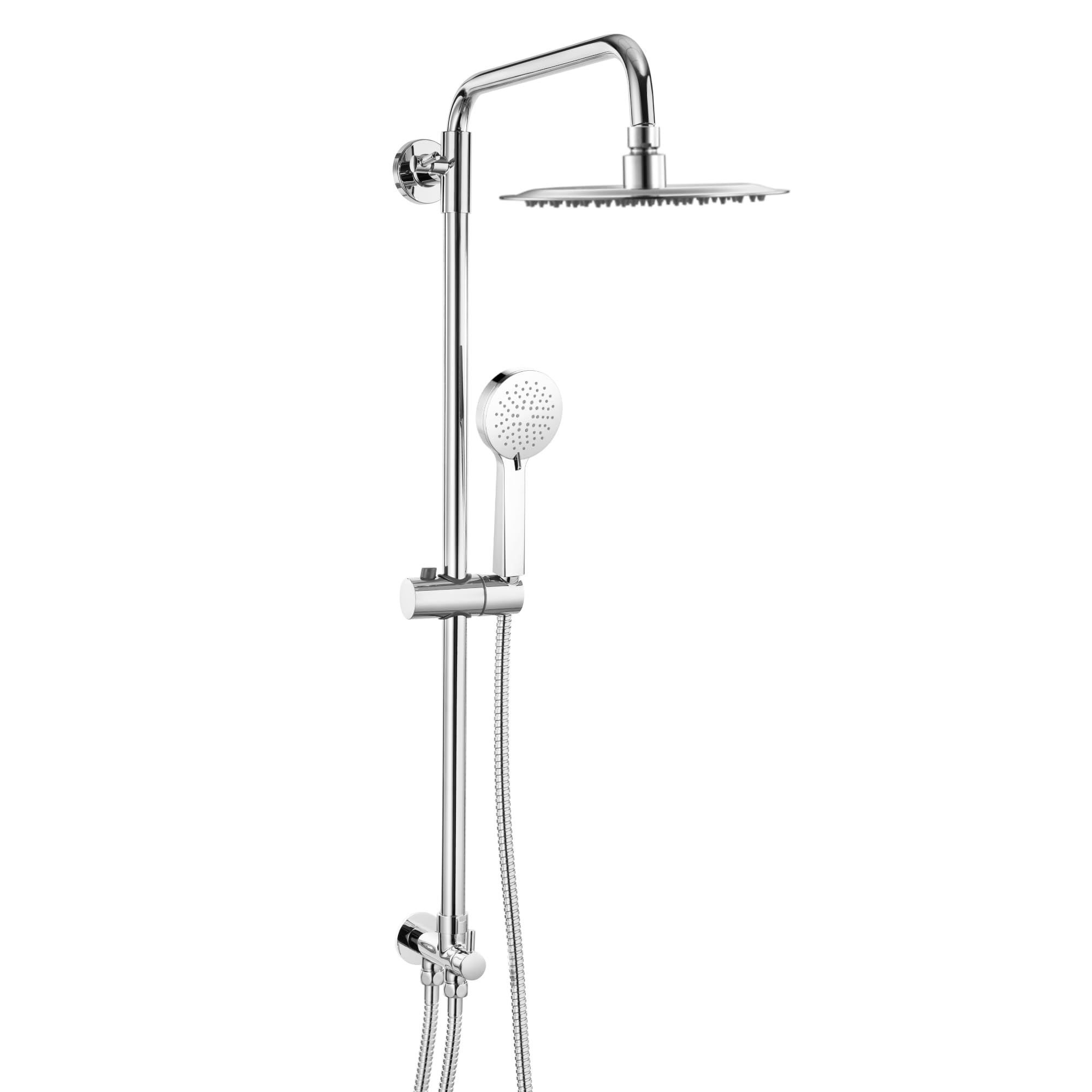ENKI, Carre, RG015, Chrome, Dual Rigid Riser Kit with Round Overhead Showerhead and Hand Shower Set, Solid Stainless Steel, Easy Clean Shower Head, Modern, Easy to Install, 1 Year Guarantee