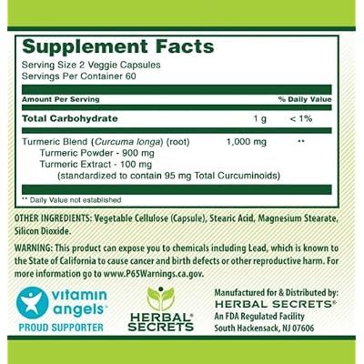 Herbal Secrets Turmeric Curcumin Supplement | 1000 Mg Per Serving | 120 Veggie Capsules | Blend of Turmeric Powder & Turmeric Extract | Non-GMO | Gluten Free | Made in USA