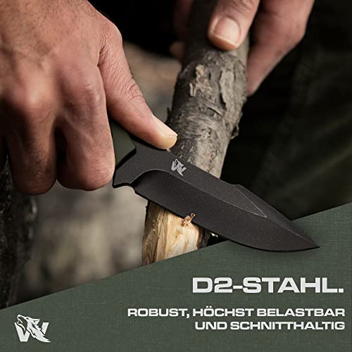 Foto von Wolfgangs Outdoor-Messer AMBULO mit Kydex Holster - Edles Jagdmesser aus einem Stück D2 Stahl gefertigt - DAS Bushcraft Messer - Perfektes Survival Messer (Grün - Stonewash)