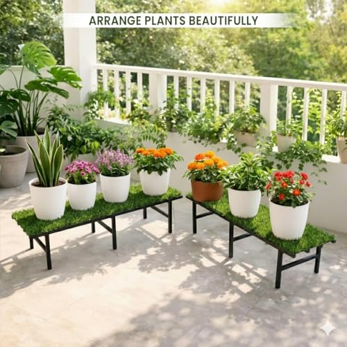 Image of IRON LANDS Metal Pot Stand with Green Grass Mat 72x22x20 Cm | Rust-Proof Matte Powder-Coated for Big Size Plants | Supports Up to 300 Kg| Ideal for Garden Balcony, Outdoor and Indoor Plant Display