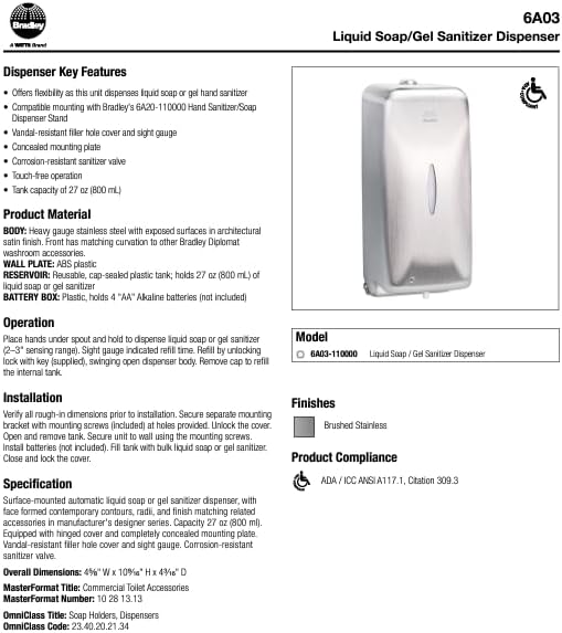 Bradley 6A03-110000 Dispenser with key features highlighted