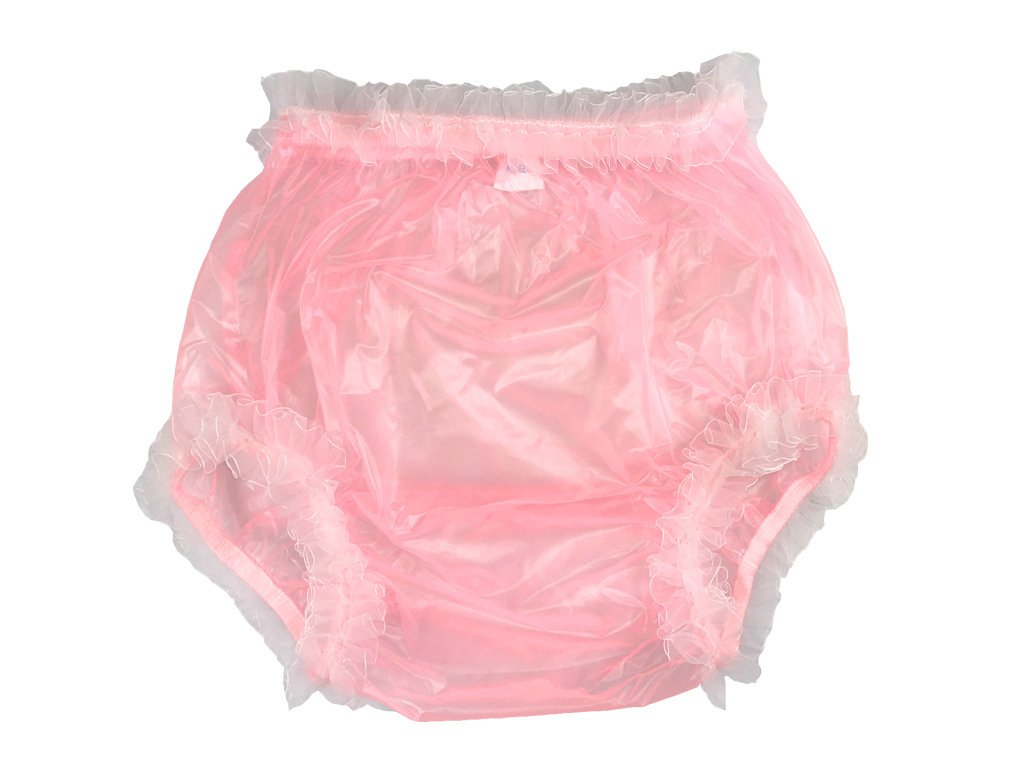 Haian Adult Incontinence Pull-on Plastic Pants Lace Panties Color Transparent Pink with White Lace X-Large