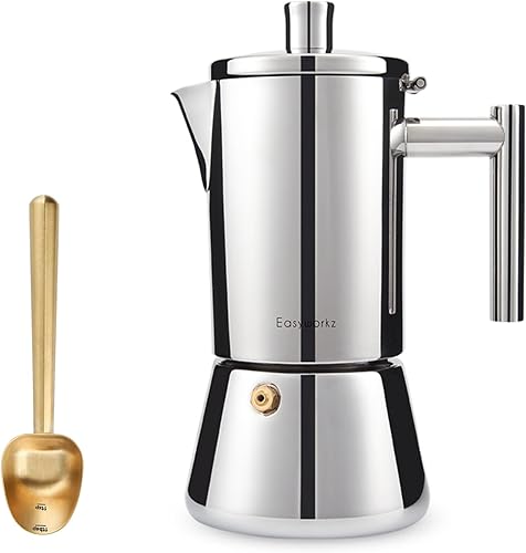 Easyworkz Diego - Cafetera de café expreso para estufa, 12 tazas de 17.5 onzas, con mango largo hueco de acero inoxidable, cuchara medidora de 0.27