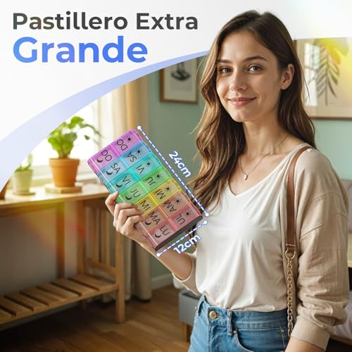 Miniatura 3 de Colorwing Pastillero Semanal 2 Tomas Español, Pastillero Grande Con 14 Compartimentos Xl, Pastillero Diario Para 7 Días, Organizador De Pastillas Y Medicamentos, Perfecto Para Uso En Casa Y Viajes