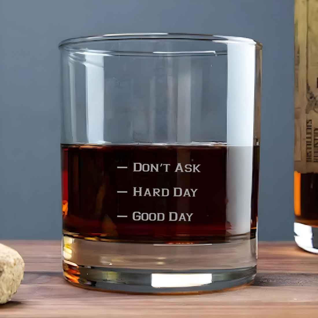 Whiskey Engraved Whiskey Glass with peg Measurement for Drinking Scotch Rum 300ml - Good Day Hard Day