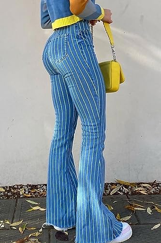 High Waisted Striped Bell Bottom Jeans for Women Stretchy Hem Raw Vintage Wide Leg Flared Denim Pants2