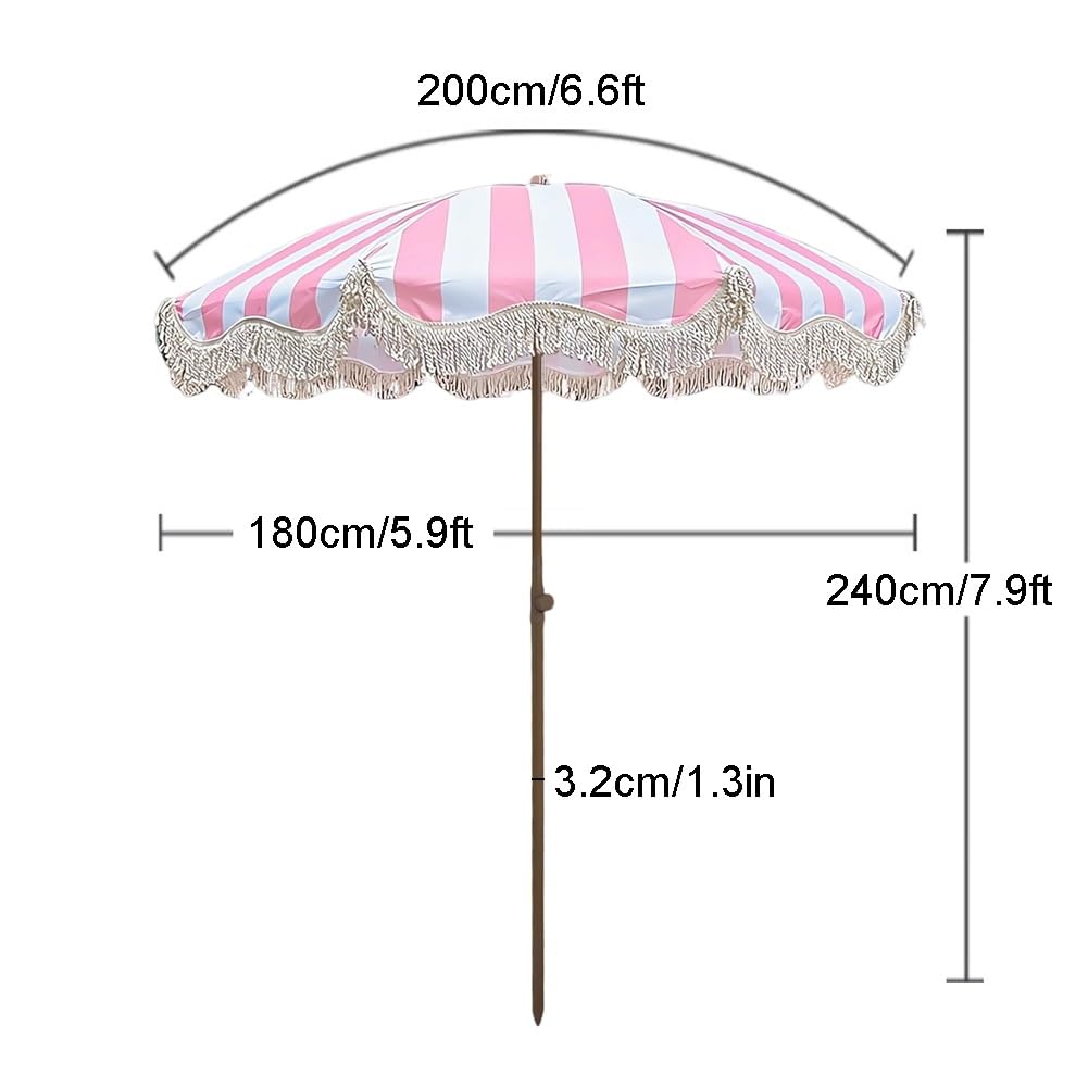 Sombrilla de jardín de 200 cm a rayas rosas, sombrilla de playa boho con flecos, inclinable y altura ajustable, UPF 50+, para piscina, patio, terraza