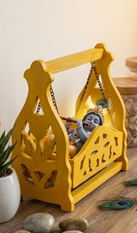 woods aura crafts wooden jhula swing yellow for krishna idol | handmade artisan craft, janmashtami decor, 5.5d x 10w x 9h inches, carved cutwork design, puja & home temple