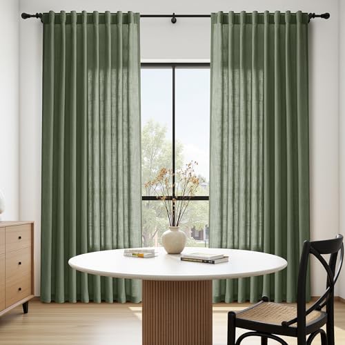 Image of Nanspring Olive Green Linen Sheer Curtains for Living Room 2 Panels Set 106 Inch Length Back Tab Light Filtering & Breathability Semi Sheer Curtain Drapes for Bedroom 52x106