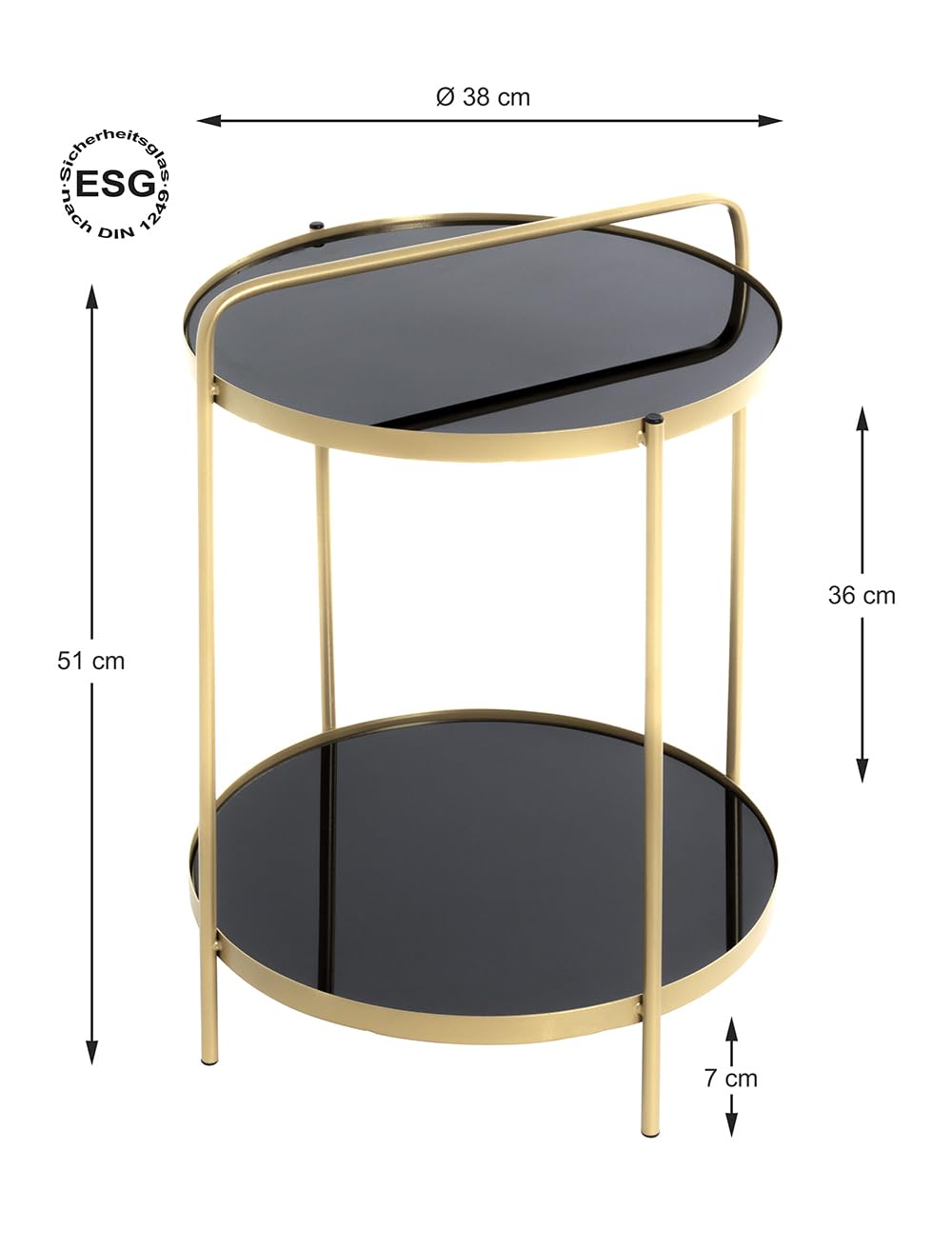 HAKU Tavolino rotondo Tavolino con piano in vetro oro nero metallo vetro di sicurezza 5 mm - Dimensioni: A 51 x Ø 38 cm Stile: Art Déco