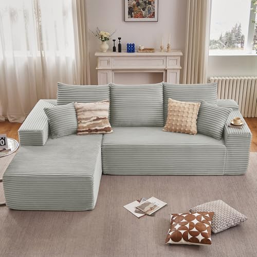 Image of 107 inch Cloud Sectional Couch with L-Shape Chaise, Modern Modular Comfy Sofa with Deep Seat, Upholstered Corduroy Couches Sleeper Chaise Longue for Living Room Bedroom, No Assembly Required, Grey