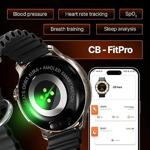 Image of CrossBeats Aura Round 1.46 inch Super AMOLED Smart Watch, Always On, Advanced AI ENC Bluetooth Calling, in-Built Games, Fast Charge, Rotating Crown, 123+ Sports Modes, 454 x 454 Pixel (Gold, Black)