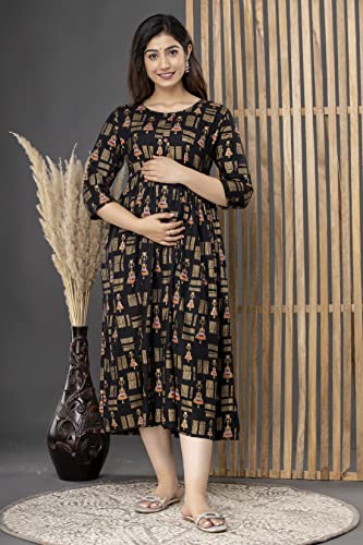 Image of Women's Cotton Floral Printed Maternity Dress Kurti with Feeding Zipper Maternity Gown for Women Feeding Dress