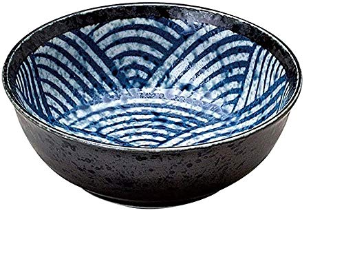 Japanese Mino-Yaki Ceramic Donburi Soup Bowl, 13 x 4.5 cm, Made in Japan, Traditional Seigaiha Wave Design, Blue K10001