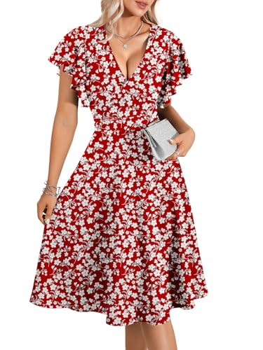 Image of LYANER Women's Warp V Neck Ruffle Short Sleeve A Line Swing Flared Cocktail Party Midi Dress