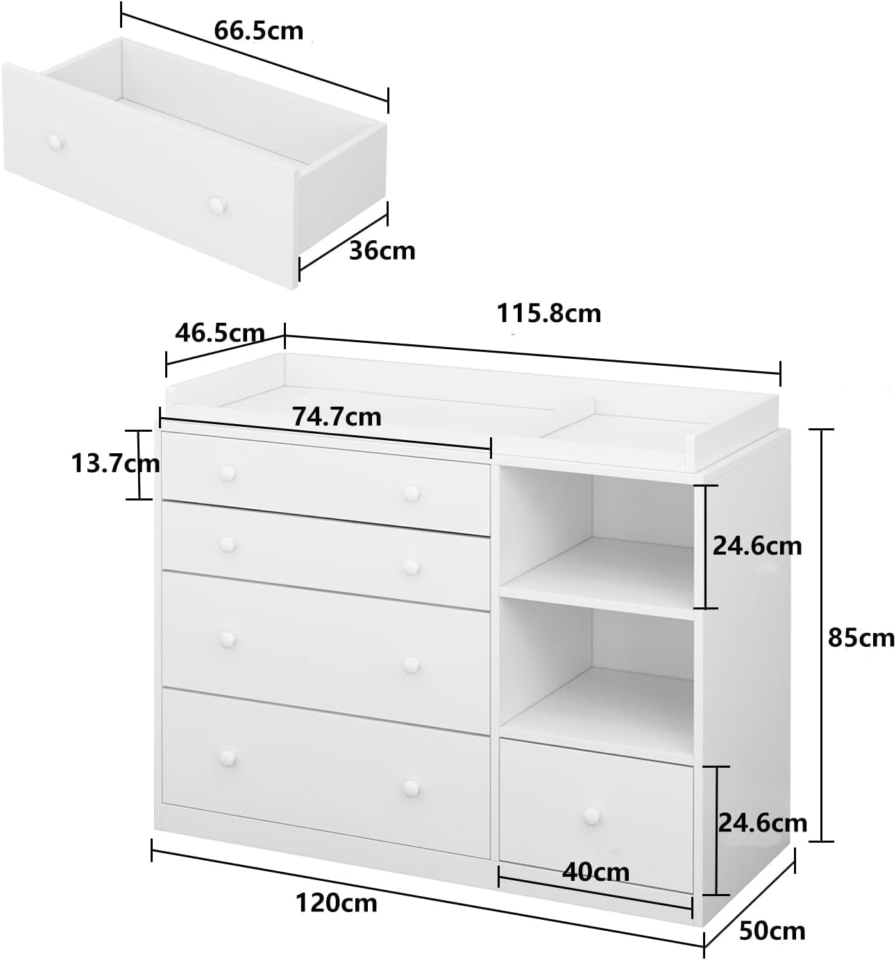 Caldion Commode à langer avec table à langer blanche, commode pour bébé avec 5 tiroirs et surface de rangement, commode de rangement pour chambre de bébé, 120 x 50 x 85 cm