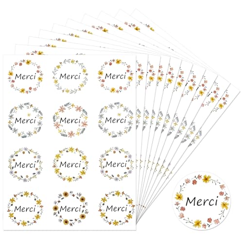 Meteoraprime 120 Pcs Merci Autocollants, 2.5 cm Rondes éTiquettes Autocollantes Avec Design Floral Multiple Pour BoîTes-Cadeaux, Sacs, Cartes De VœUx,...