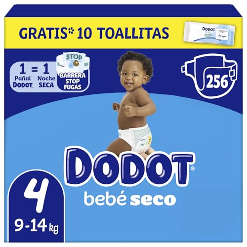Dodot Pañales Bebé-Seco, Talla 4 (9-14 kg), 256 Pañales + Regalo de 1 Pack de 10 Toallitas Aqua Pure 99% Agua, Una Noche Hasta Un 100% Libre De Fugas, Pack mensual