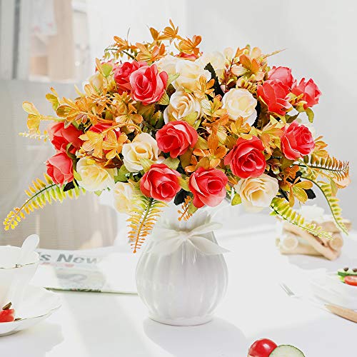 LESING Artificial Silk Rose with Vase Fake Flowers Wedding F