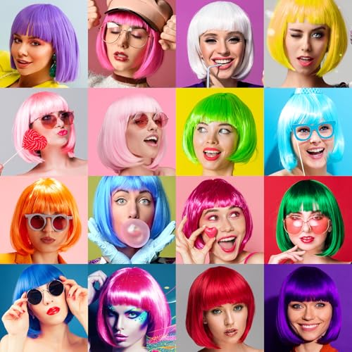 Image of PLULON Blonde Bob Wig and Sunglass Set, Neon Short Bob Wig Sunglass Pack Costume Colorful Cosplay Wig Hairpieces for Bachelorette Neon Party Favors, Halloween Decorations