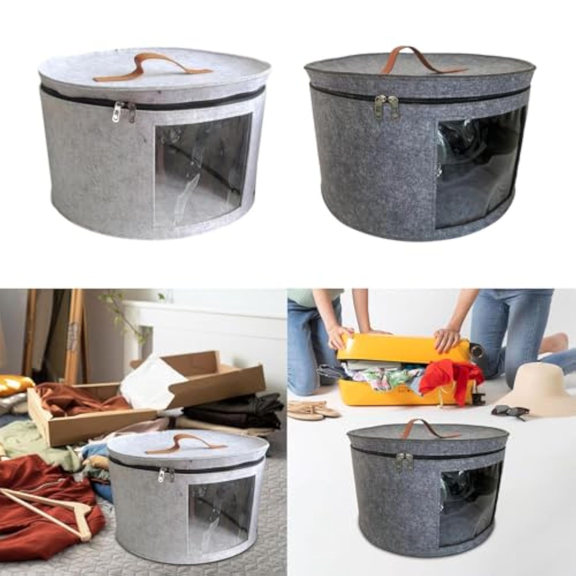 Hat Box, Portable Felt Round Hat Organizer Box, Light Gray