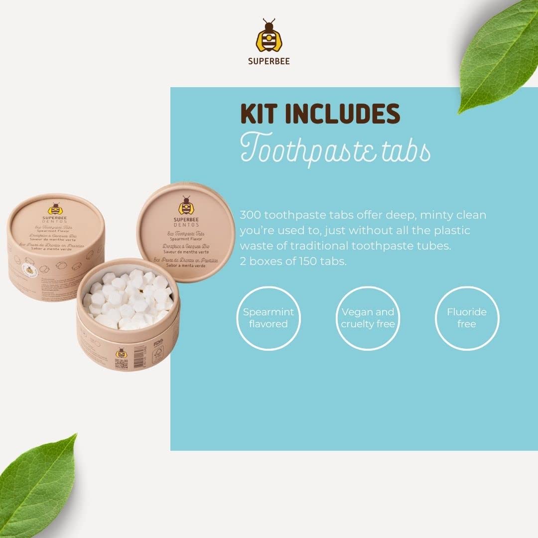 SuperBee Family kit with Dentos Toothpaste Tablets 300 tabs, Natural Floss, Soft Bristles Bamboo toothbrushes - Fluoride Free & Eco Friendly, Housewarming Gift Christmas Plastic Free