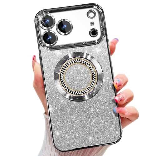 Image of Misscase for iPhone 17 Pro Magnetic Glitter Case Compatible with MagSafe,Full Protection Slim Shockproof Anti-Scratch Case with Camera Lens Protector Plating Bling Dust-Proof Net Silver