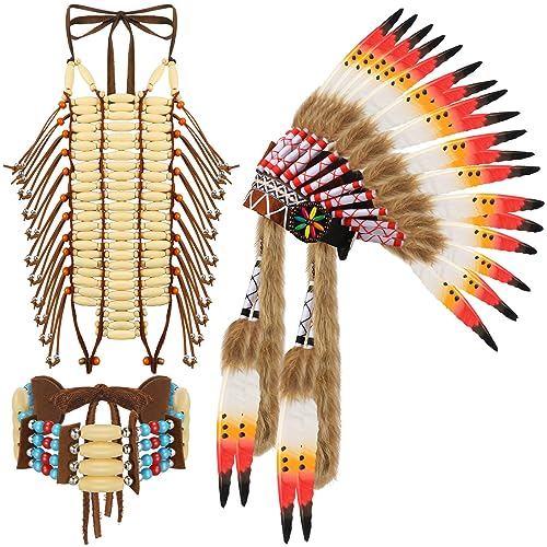 Xtinmee 3 Pcs Halloween Native Costume Accessories Set Native Feather Headdress traditional American Choker Necklace and Beaded Breastplate for Halloween Party Cosplay Costume Accessories