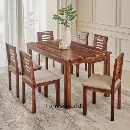 Image of FurniseworldSolid Sheesham Wood Dining Table Set 6 Seater Dinner Dinning Table with 6 Chair for Dining Furniture for Living Room Hotels Restaurant & Cafe