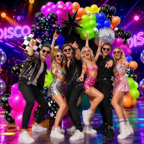 Image of 230Pcs Neon Balloons Arch Garland Kit with Glow in the Dark Balloons, Neon Balloons Arch Kit with Checkered Balloon for Back to 80s 90s DISCO Birthday Let's Glow Party Rock Roll Party Supplies