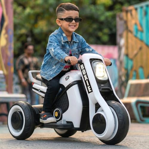 Image of Toyzone Roxie Kids Electric Bike (White)| Rechargeable Bike with 6V 4.5Ah Battery| MP3 /USB /BT Music & LED Lights| Smooth Acceleration | 6 Months Battery warranty, For Kids Age 2 to 8 Years, Upto 35 kg