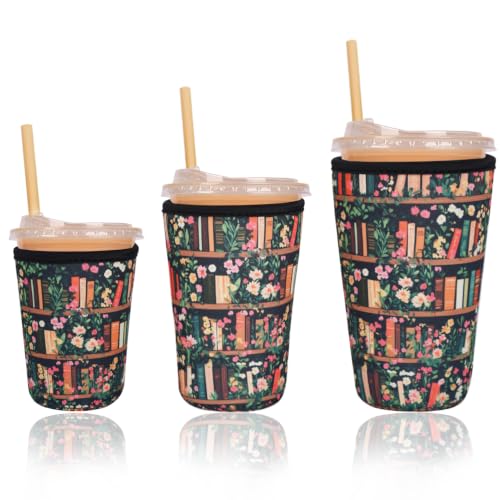 Image of Reusable Insulated Sleeve for Iced Coffee Cup, 3-Pack Coffee Neoprene Drink Sleeve for Cold & Hot Drinks, Beverage Holder for Iced Coffee (Bookish Blooms)