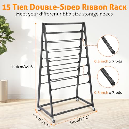 Image of WICHEMI 15 Tier Ribbon Storage Organizer, Double-Sided Metal Ribbon Rack with Wheels, for Craft Vinyl Rolls Scarf Belt Towel Organizer Shelf, Black