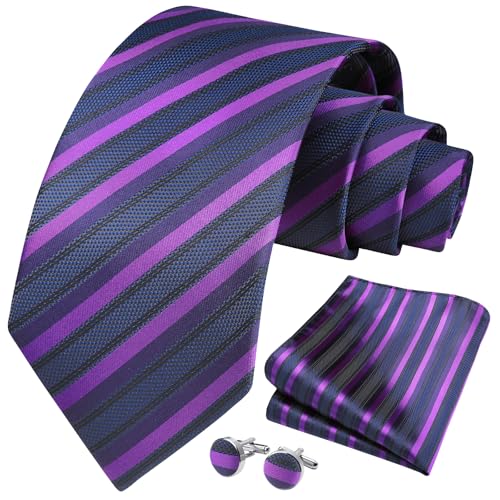 Image of HISDERN Ties for Men Stripe Plaid Tie Classic Necktie Pocket Square Cufflinks Set for Formal Wedding Business Party