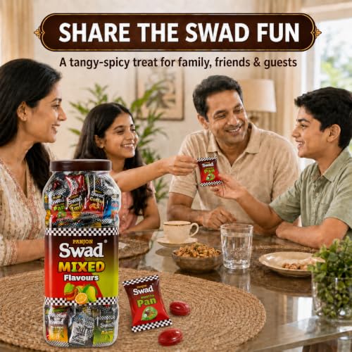 Image of Swad Mixed Assorted Candy Jar (Kaccha Mango, Imli, Coffee, Cola, Pan, Orange) Digestive & Tasty Masala Toffee | Indian Sweets, 200 Candies Jar
