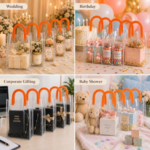 Image of SATYAM KRAFT 6 Pcs Transparent Reusable Leather Goodie Bags | Elegant Gift Bags for Her /Him Wedding Return Favors, Engagement Hampers, Marriage, Birthday & Festival Gifting | Handle Hamper Shopping Carry Bags (U-shaped Orange - Small)