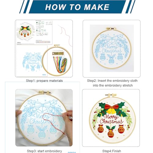 Image of Zhenqing Merry Christmas Embroidery Kit for Beginners, Red Bells and Ornaments Craft Set with 20cm Hoop, Printed Design on 29x29cm Cotton Fabric, DIY Holiday Wall Art (C0036)