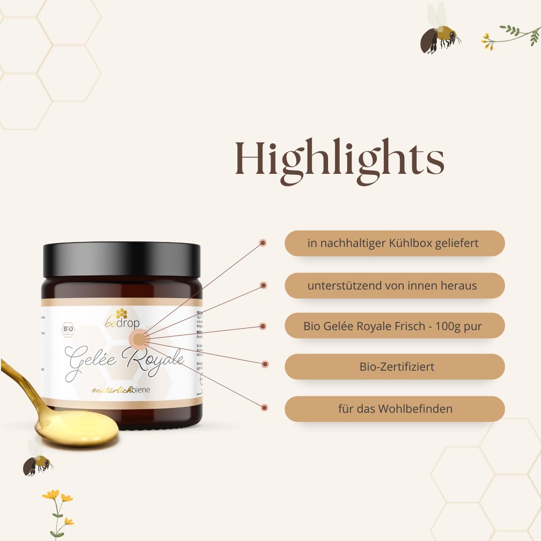 bedrop Bio Gelée Royal frisch & pur 100g in Bio Qualität I 10-HDA Gehalt >1,7% - 100% natürliche Bienenmilch - Frisches Gelee Royale vom Imker