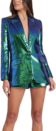 Sequin Blazer and Short Set Women 2 PC Slim Fit Glitter Prom Suit