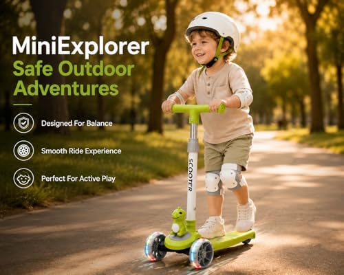 Image of MiniExplorer Zoomie Kids Kick Scooter with LED Wheels, 3 Wheel Scooter for Boys & Girls, Adjustable Height Handle, Foldable Lightweight Scooter for Kids Age 3+ Years - Dino