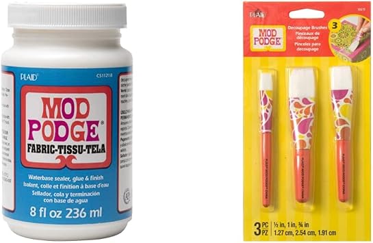 Mod Podge Eight Fabric, 8-Ounce, Transparent, 8 Fl Oz & 10615 3 Piece Short Handle Brush Set