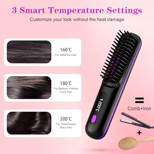 Image of Go Brush Pro Cordless Hair Straightener Brush, Portable Straightener Brushs for Travel, Fast Heating Cordless Mini Hair Brushs with LED Display, 3 Adjustable Temperatures for All Hair Types, Black