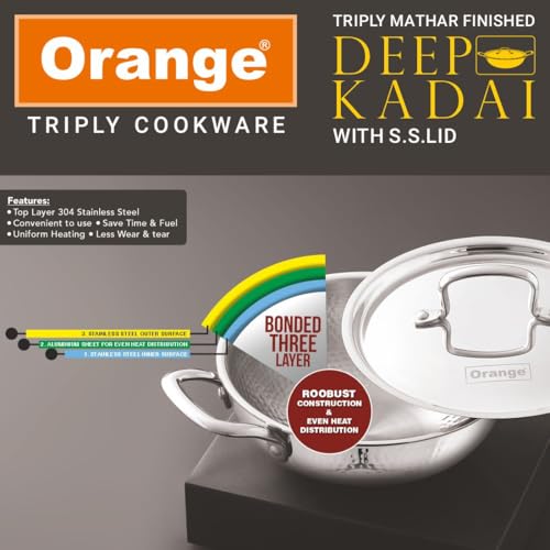 Image of Orange Triply Stainless Steel Hammered Deep Kadai with S.S Lid | Hammered Mathar Design | Heavy Bottom Cookware for Gas & Induction | Cool Touch Handles | 2.0 Ltr, 20cm |Made in India, 5-Year Warranty