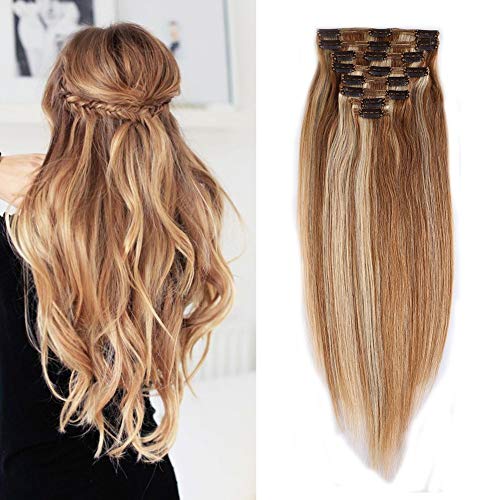 Double Weft 100% Remy Human Hair Clip in Extensions Highlight 10''-22'' Grade 7A Quality Full Head Thick Long Soft Silky Straight 8pcs 18clips(16" / 16 inch 130g ,#12/613 Light Brown/Bleach Blonde)