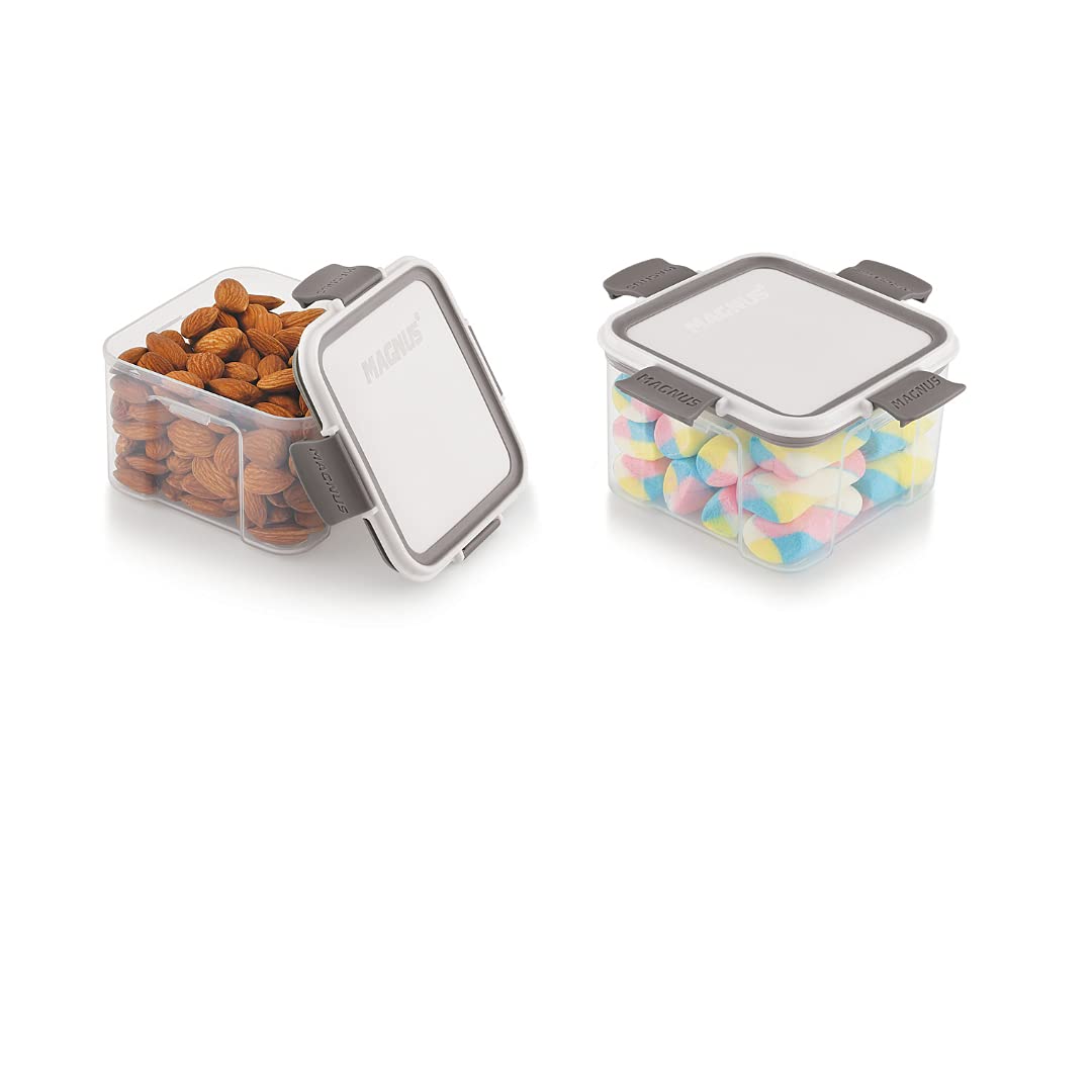 Magnus Modulock Airtight Food Kitchen Storage Container with Detachable Clip Lock | White & Grey Lid | Ultra Clear Transparent Containers | Stackable | Break Resistant | Set of 2-460 ml Each